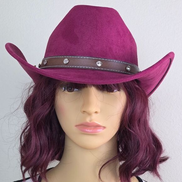 ?NWOT Pinkish Red Faux Suede Rhinestone Cowgirl Hat main image 6